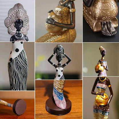 Close-up collage of African resin woman statues in various dresses and poses, showcasing detailed textures, patterns, and craftsmanship