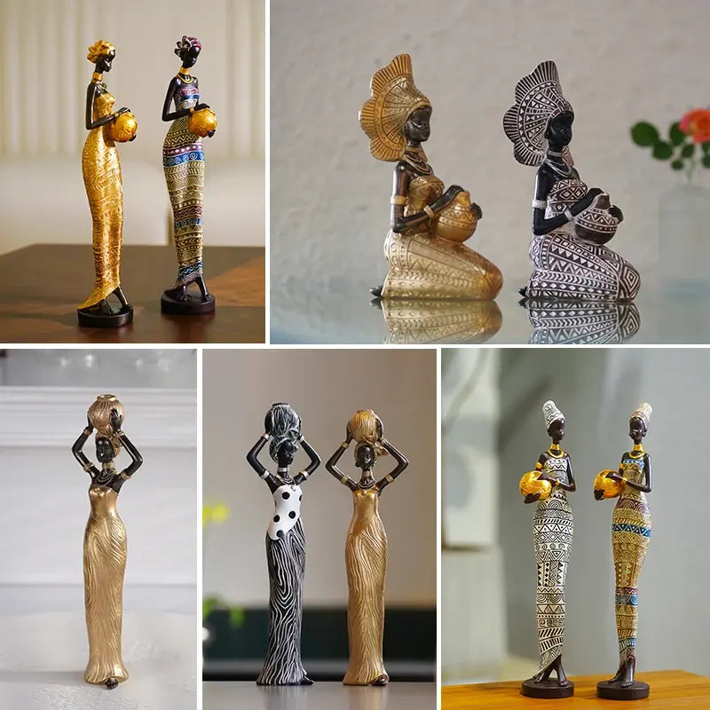 Assorted African resin woman statues in gold, patterned, and tribal dresses, displayed in standing and kneeling poses