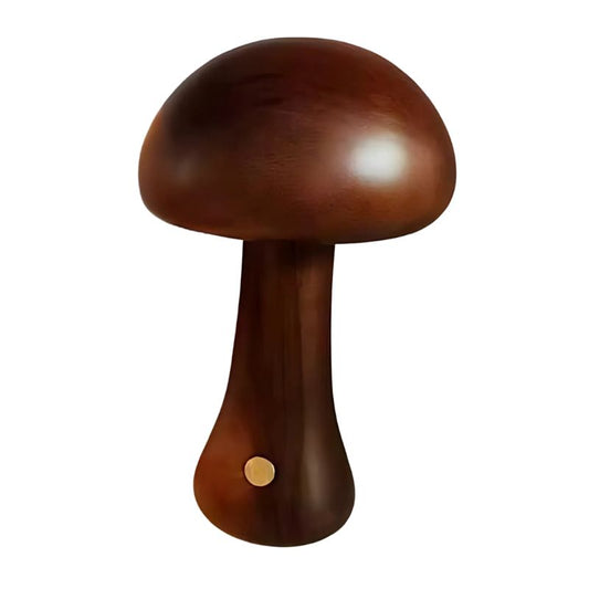 LED mushroom night light in walnut wood finish on a white background.