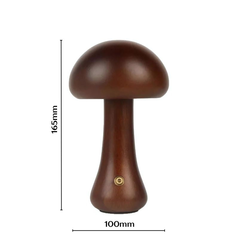 Wooden mushroom night light in walnut finish with measurements shown: 165mm tall and 100mm wide.