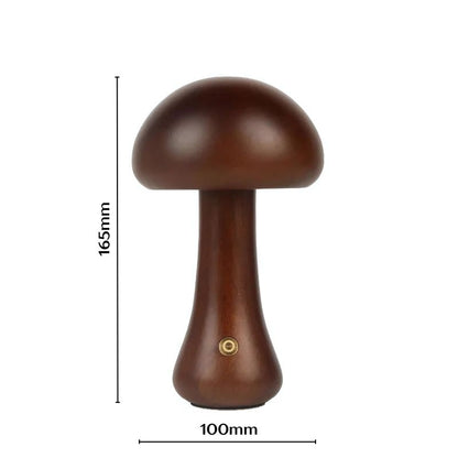 Wooden mushroom night light in walnut finish with measurements shown: 165mm tall and 100mm wide.