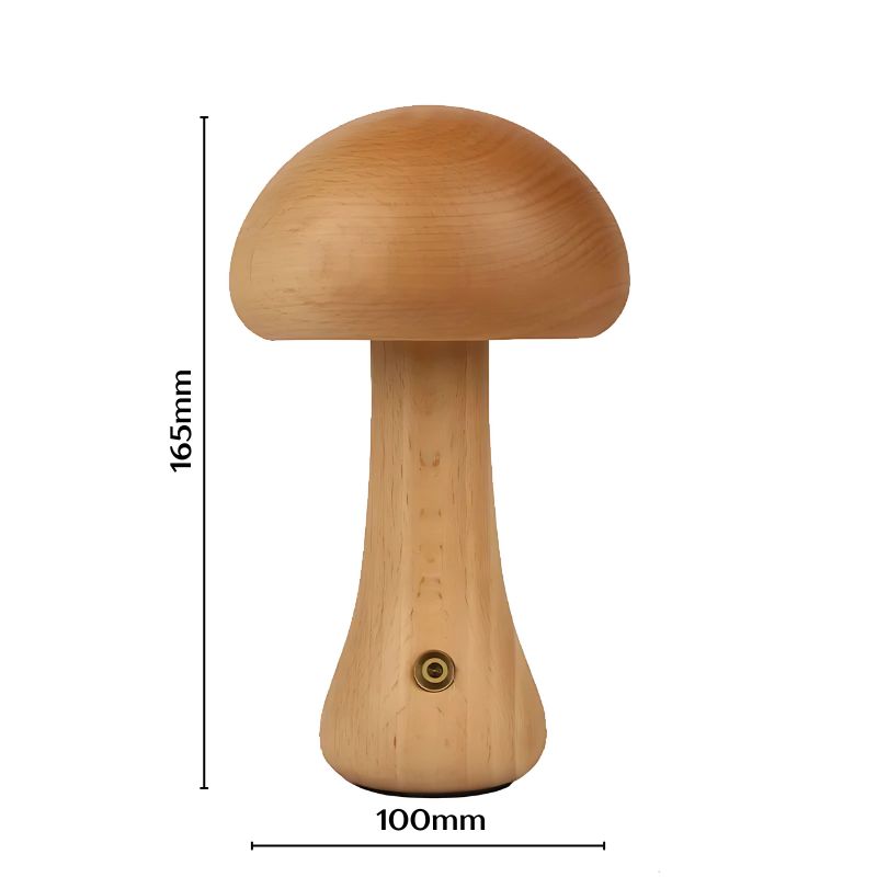 Beech wood mushroom lamp with tall stem, shown with product dimensions labeled.