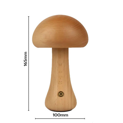 Beech wood mushroom lamp with tall stem, shown with product dimensions labeled.