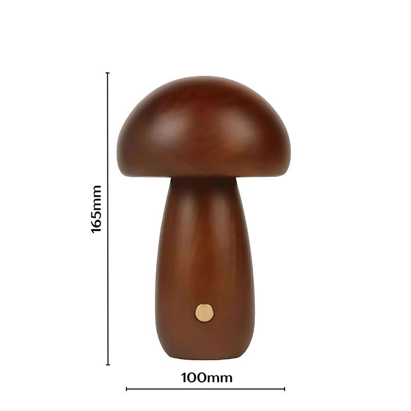 Walnut wood mushroom lamp with compact body and labeled size: 165mm by 100mm.