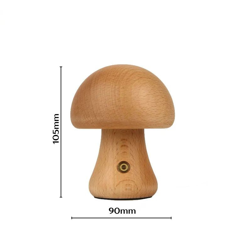 Short beech wood mushroom night lamp with dome top, dimensions 105mm by 90mm