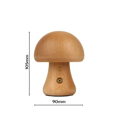 Short beech wood mushroom night lamp with dome top, dimensions 105mm by 90mm