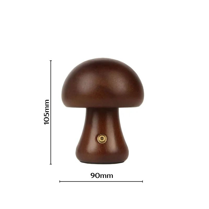 Compact walnut mushroom night light shown with measurements, ideal for bedside use.