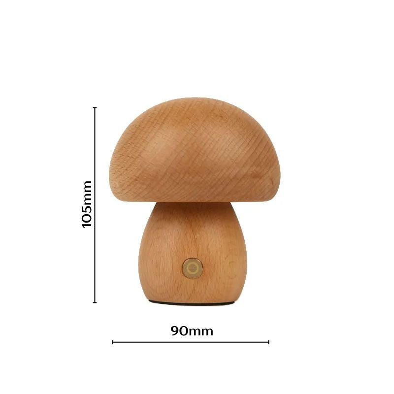 Cute beech mushroom night light with flat base, displayed with height and width measurements.