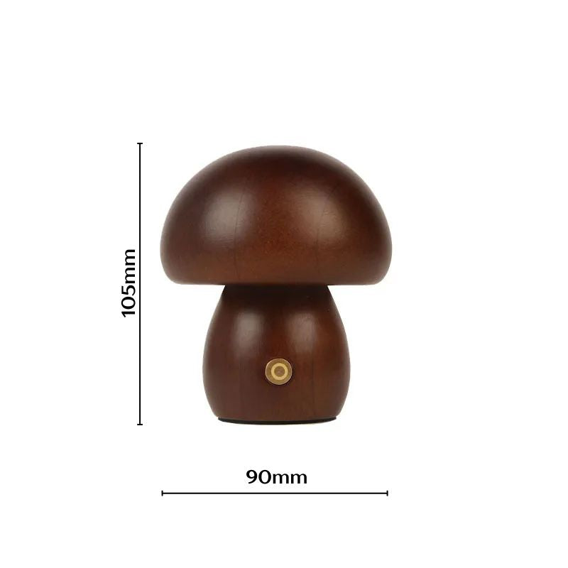 Round walnut mushroom LED lamp with short design, labeled with accurate size specs.